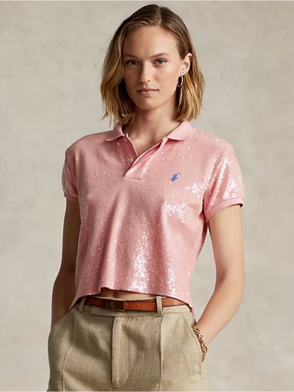 Polo Ralph Lauren Sequined Crop Mesh Polo Shirt Women’s XS Pink Pony Top Blouse